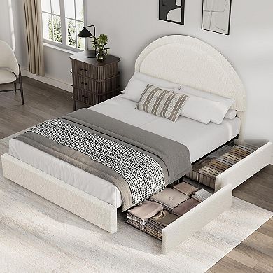 Twin/Full/Queen Size Boucle Upholstered Platform Bed- Round Headboard & 2 Storage Drawers,Heavy Duty
