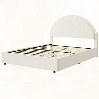 Twin/Full/Queen Size Boucle Upholstered Platform Bed- Round Headboard & 2 Storage Drawers,Heavy Duty
