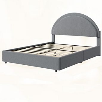 Twin/Full/Queen Size Boucle Upholstered Platform Bed- Round Headboard & 2 Storage Drawers,Heavy Duty