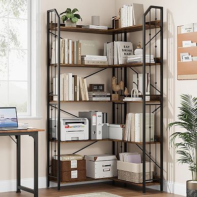 L Shaped Corner Bookcase,Industrial Bookcase 5/7 Tier Bookcases with Bead Design,Display Rack Shelf