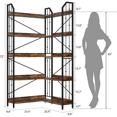 L Shaped Corner Bookcase,Industrial Bookcase 5/7 Tier Bookcases with Bead Design,Display Rack Shelf