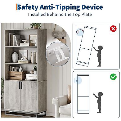 Bookcase with Doors, 5-Tier Farmhouse Bookshelf with Storage Cabinet & Adjustable Shelves