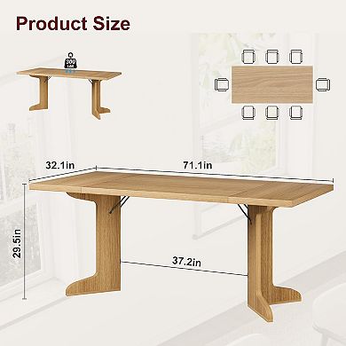 71"W Dining Table for 6-Table Only, Farmhouse Kitchen Table with Padded Top and Unique V-Shaped Feet
