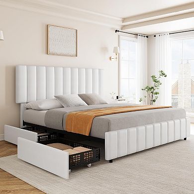 Full Upholstered Platform Bed Frame, 4 Storage Drawers & 42.9-45.7" Adjustable Headboard, Wooden