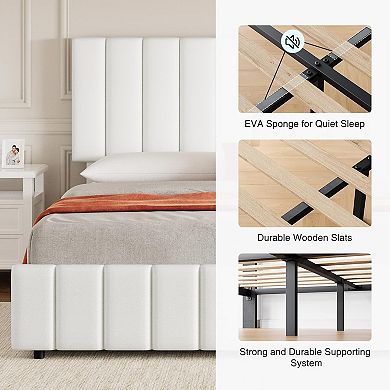 Full Upholstered Platform Bed Frame, 4 Storage Drawers & 42.9-45.7" Adjustable Headboard, Wooden