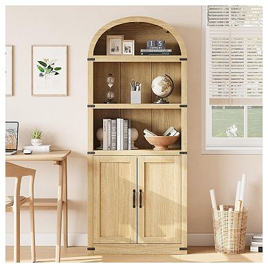 Arched Bookcase, Farmhouse Wooden Bookshelf with Metal Corner Protection