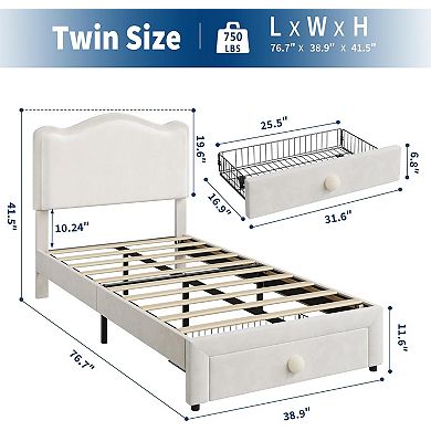 Upholstered Princess Twin Bed with Storage Drawer & Scallop Headboard - Platform Frame for Kids