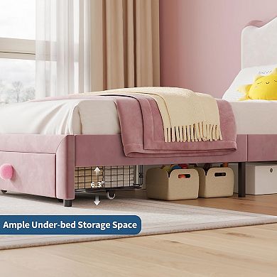 Upholstered Princess Twin Bed with Storage Drawer & Scallop Headboard - Platform Frame for Kids
