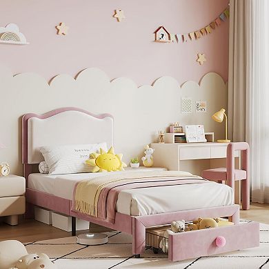 Upholstered Princess Twin Bed with Storage Drawer & Scallop Headboard - Platform Frame for Kids