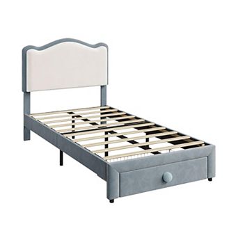 Upholstered Princess Twin Bed with Storage Drawer & Scallop Headboard - Platform Frame for Kids