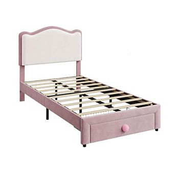 Upholstered Princess Twin Bed with Storage Drawer & Scallop Headboard - Platform Frame for Kids