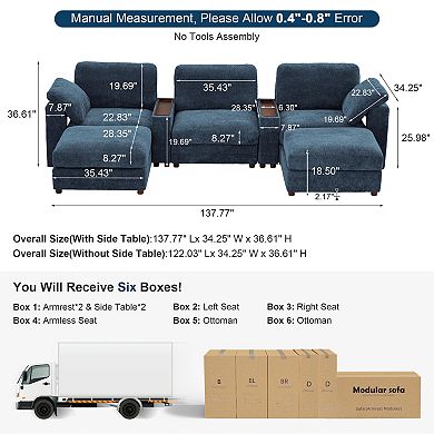 CEWOR U-shaped Sofa with 2 Ottoman, 3 Seat Teddy Fleece Sofa Set with Convertible Armrests