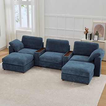 CEWOR U-shaped Sofa with 2 Ottoman, 3 Seat Teddy Fleece Sofa Set with Convertible Armrests