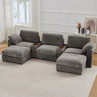 CEWOR U-shaped Sofa with 2 Ottoman, 3 Seat Teddy Fleece Sofa Set with Convertible Armrests