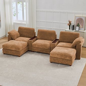 CEWOR U-shaped Sofa with 2 Ottoman, 3 Seat Teddy Fleece Sofa Set with Convertible Armrests