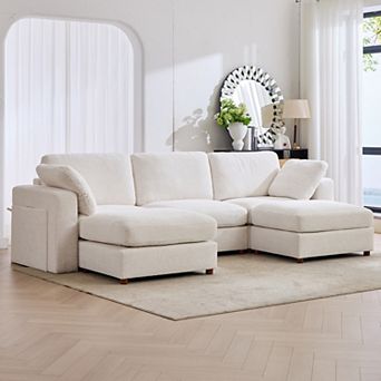 CEWOR U-shaped Sofa with 2 Ottoman, 3 Seat Teddy Fleece Sofa Set with Convertible Armrests