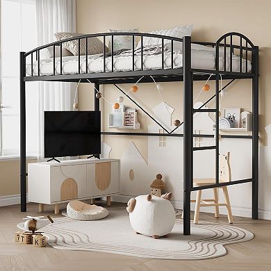 Loft Bed Twin Size, Heavy Duty Metal Loft Bed Frame with Arched Guardrail and Safety Ladder
