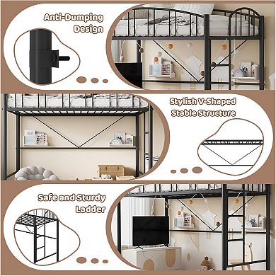 Loft Bed Twin Size, Heavy Duty Metal Loft Bed Frame with Arched Guardrail and Safety Ladder