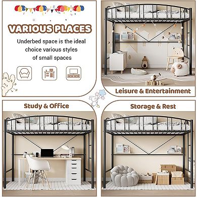 Loft Bed Twin Size, Heavy Duty Metal Loft Bed Frame with Arched Guardrail and Safety Ladder