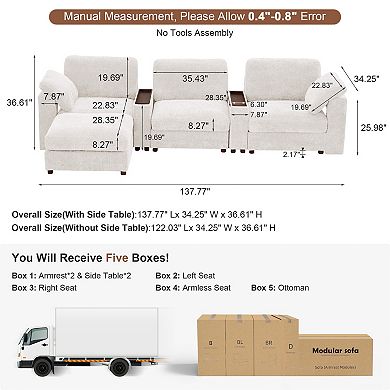 CEWOR 137" L-shaped Sofa with 1 Ottoman, 3 Seat Teddy Fleece Sofa Set with Convertible Armrests