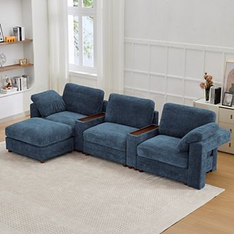CEWOR 137" L-shaped Sofa with 1 Ottoman, 3 Seat Teddy Fleece Sofa Set with Convertible Armrests