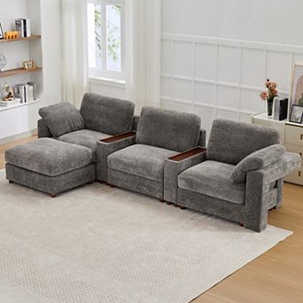 CEWOR 137" L-shaped Sofa with 1 Ottoman, 3 Seat Teddy Fleece Sofa Set with Convertible Armrests