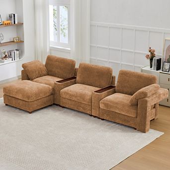 CEWOR 137" L-shaped Sofa with 1 Ottoman, 3 Seat Teddy Fleece Sofa Set with Convertible Armrests