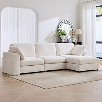 CEWOR 137" L-shaped Sofa with 1 Ottoman, 3 Seat Teddy Fleece Sofa Set with Convertible Armrests