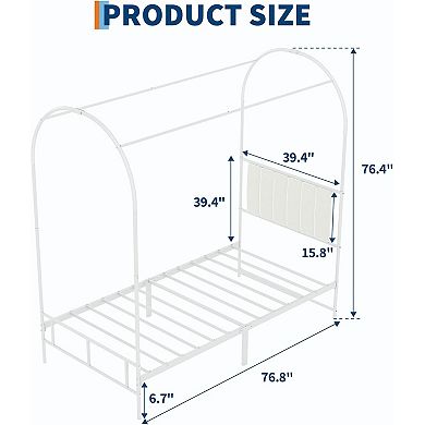 Kids Twin Canopy Bed Frame - Upholstered Headboard, Metal Platform with Strong Slats, Easy Assembly