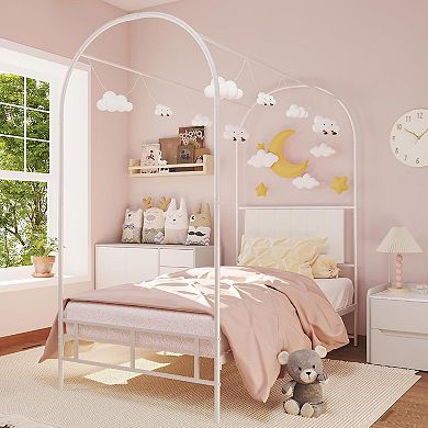Kids Twin Canopy Bed Frame - Upholstered Headboard, Metal Platform with Strong Slats, Easy Assembly