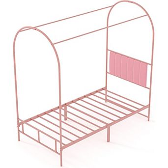 Kids Twin Canopy Bed Frame - Upholstered Headboard, Metal Platform with Strong Slats, Easy Assembly