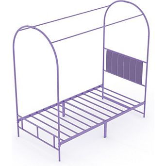 Kids Twin Canopy Bed Frame - Upholstered Headboard, Metal Platform with Strong Slats, Easy Assembly