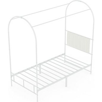 Kids Twin Canopy Bed Frame - Upholstered Headboard, Metal Platform with Strong Slats, Easy Assembly