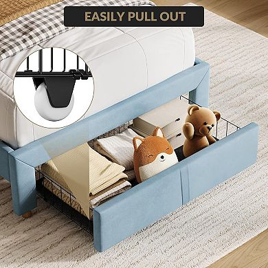 Twin Bed Frame for Kids, Upholstered Platform Bed with Large Storage Drawer and Bookcase Headboard