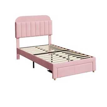 Twin Bed Frame for Kids, Upholstered Platform Bed with Large Storage Drawer and Bookcase Headboard