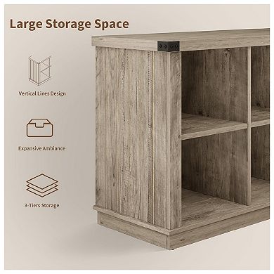 8 Cube Organizer Bookcase, Low Farmhouse Storage Shelf, Rustic Wood Grain Finish