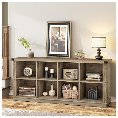 8 Cube Organizer Bookcase, Low Farmhouse Storage Shelf, Rustic Wood Grain Finish