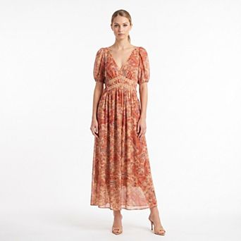 Women's Maison Tara Paisley Floral Lace Trim Puff Sleeve Maxi Dress