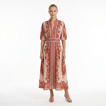 Women's Maison Tara Floral Border Puff Sleeve Midi Dress