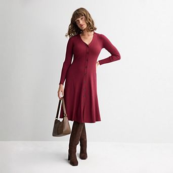 Women's Maison Tara Ribbed Knit Button Front Midi Sweater Dress