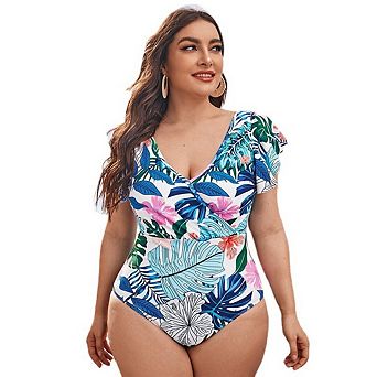 Womens Plus Size One Piece Bathing Suit Ruffled Shoulder Sleeve Printed Swimwears