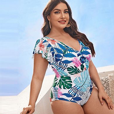 Womens Plus Size One Piece Bathing Suit Ruffled Shoulder Sleeve Printed Swimwears