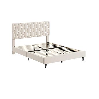 Linen Upholstered Platform Bed Frame - Adjustable Headboard, Wood Slat & Metal Support, Noise-Free