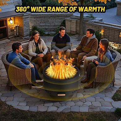 Outdoor Fire Pit with Grill Grate, Wood Burning Fire Bowl for Backyard & Patio, Fireproof Mesh Cover