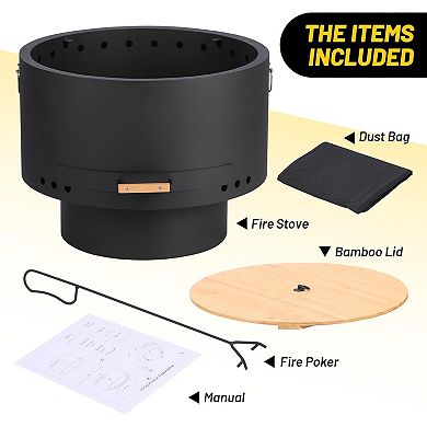 Outdoor Fire Pit with Grill Grate, Wood Burning Fire Bowl for Backyard & Patio, Fireproof Mesh Cover