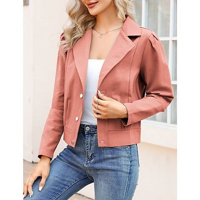 Women's Short Button Down Utility Jacket Long Sleeve Solid Color Collared Jacket