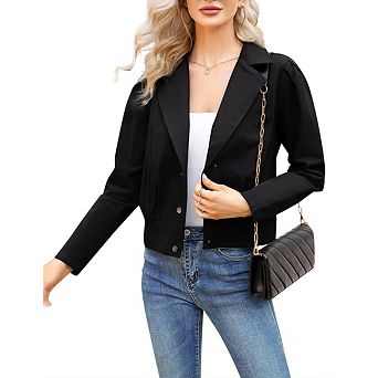 Women's Short Button Down Utility Jacket Long Sleeve Solid Color Collared Jacket