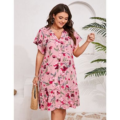 Plus Size Women's Printed Short Sleeve Ruffled Dress V-Neck A Line Slit Mini Dress with Pockets