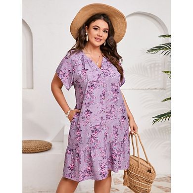 Plus Size Women's Printed Short Sleeve Ruffled Dress V-Neck A Line Slit Mini Dress with Pockets