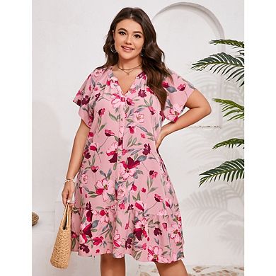 Plus Size Women's Printed Short Sleeve Ruffled Dress V-Neck A Line Slit Mini Dress with Pockets